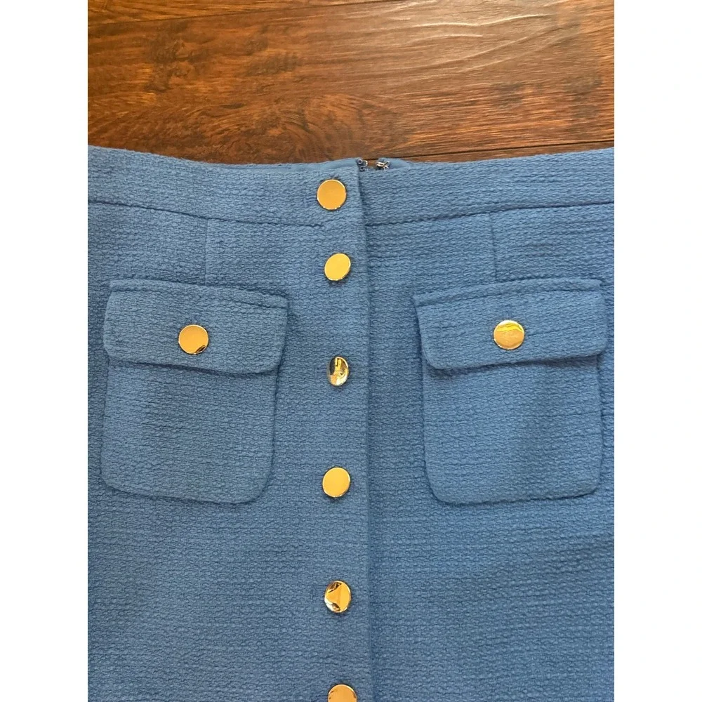 Ann Taylor Maritime Blue Tweed Gold Button Front Midi Pencil Skirt Size 10P